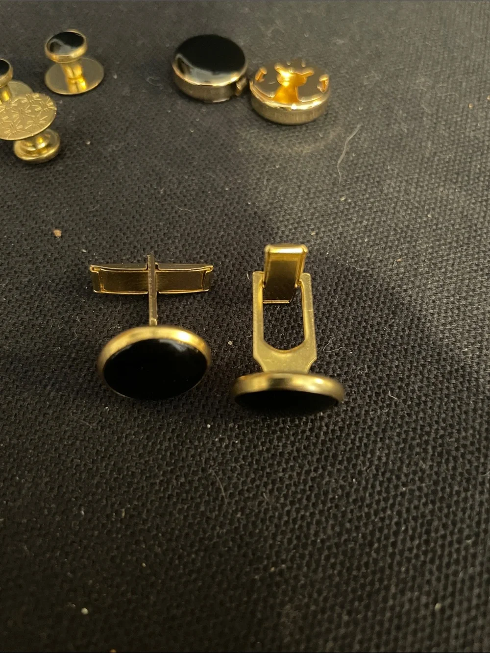 Gold-Tone Cufflinks & Button Set with Black Inset  - Men's Dress Accessory